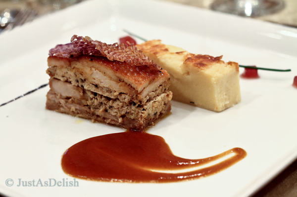 US Red potato cheese cake and US Blue purple potato chips with compressed turkey terrine served with crawberry jelly, “jus tranche” US Red potato cheese cake and US Blue purple potato chips with compressed turkey terrine served with crawberry jelly, “jus tranche”