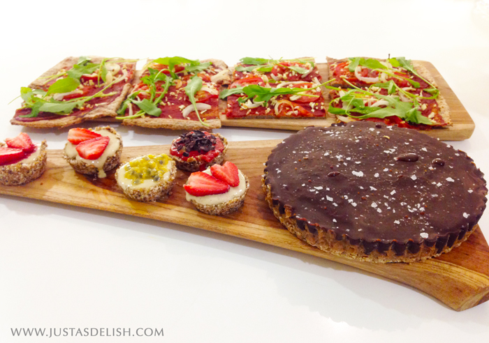 Raw Vanilla Tarts, Raw Salted Caramel Cheesecake, and Cauliflower Buckwheat Pizza (all Gluten Free, Dairy Free and Egg Free) during a private class