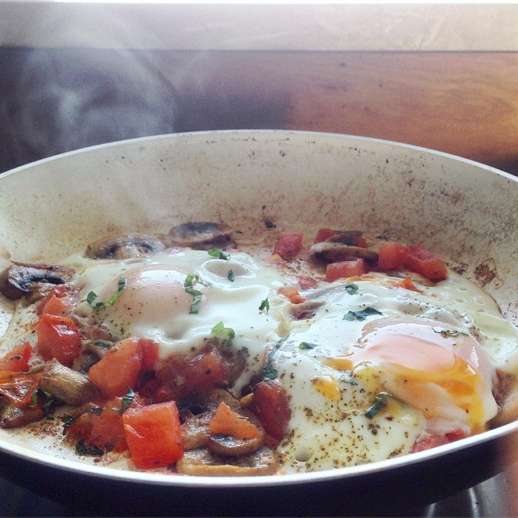 1-pan sautéed veg with poached eggs