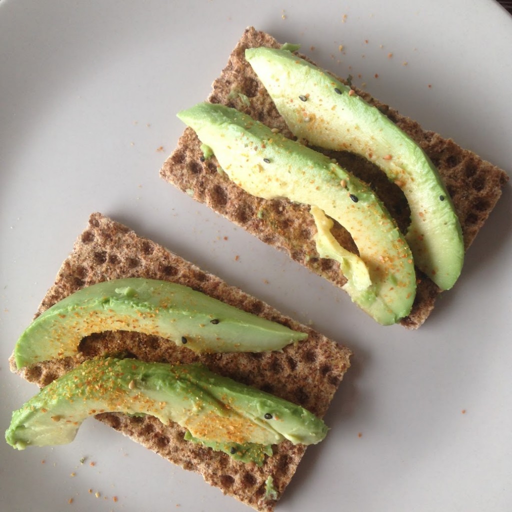Avocado with chili on wholegrain rye crispbread for lunch almost everyday