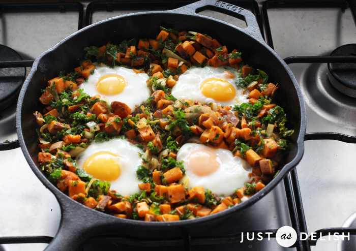 1-Pan Sweet Potato Hash with Poached Eggs | JustAsDelish.com