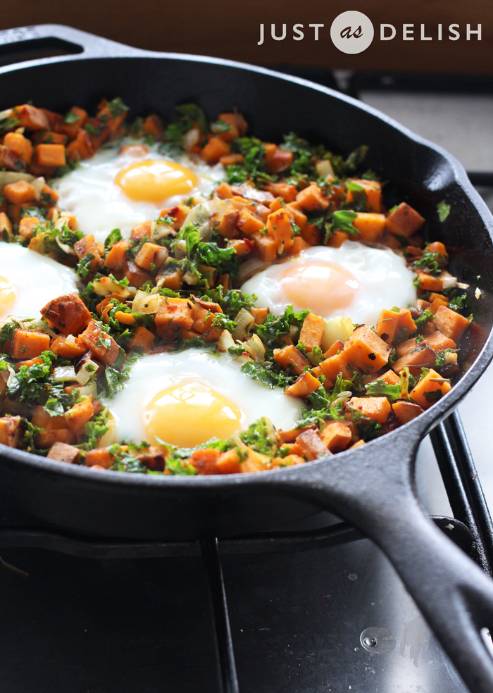 1-Pan Sweet Potato Hash with Poached Eggs | JustAsDelish.com